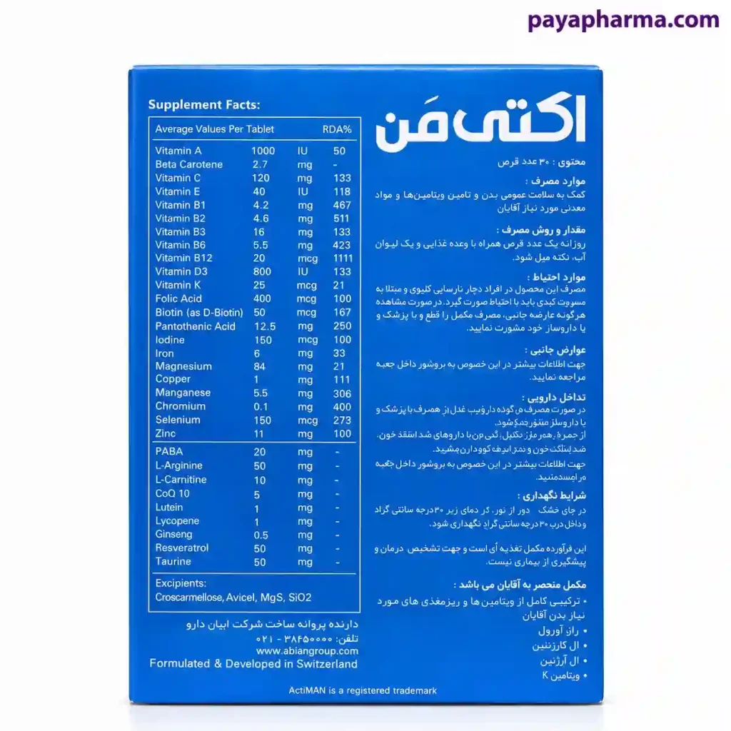 جدول قرص اکتی من ابیان دارو در شیراز پایافارما